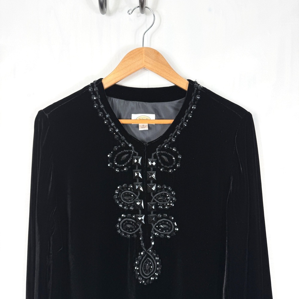 Talbots Velvet Tunic Black Beaded Silk Blend Blouse/Tunic Side Zip Women's 14